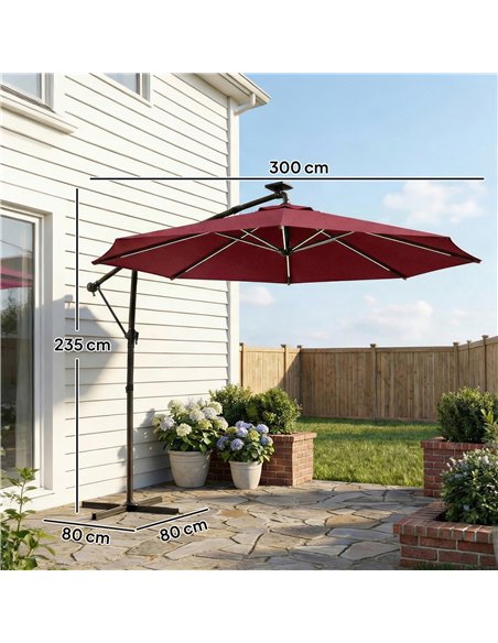 Outsunny 3 m Garden Cantilever Parasol with LED Solar Light, Round Overhanging Umbrella with 360° Rotation, Cover, Wine Red - pic 188223 | FastDaddyshop