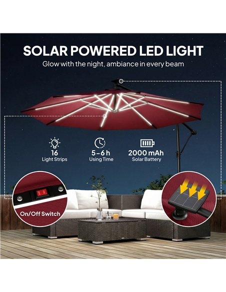 Outsunny 3 m Garden Cantilever Parasol with LED Solar Light, Round Overhanging Umbrella with 360° Rotation, Cover, Wine Red - pic 188224 | FastDaddyshop