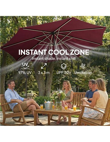 Outsunny 3 m Garden Cantilever Parasol with LED Solar Light, Round Overhanging Umbrella with 360° Rotation, Cover, Wine Red