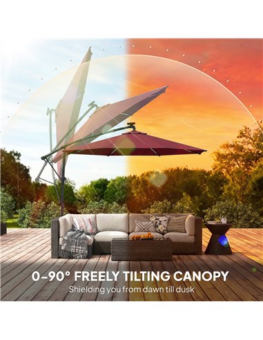 Outsunny 3 m Garden Cantilever Parasol with LED Solar Light, Round Overhanging Umbrella with 360° Rotation, Cover, Wine Red