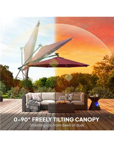 Outsunny 3 m Garden Cantilever Parasol with LED Solar Light, Round Overhanging Umbrella with 360° Rotation, Cover, Wine Red - pic 188226 | FastDaddyshop