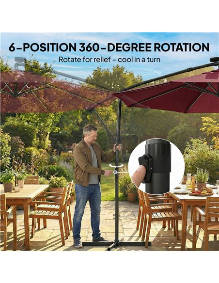 Outsunny 3 m Garden Cantilever Parasol with LED Solar Light, Round Overhanging Umbrella with 360° Rotation, Cover, Wine Red - pic 188227 | FastDaddyshop