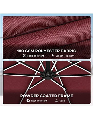 Outsunny 3 m Garden Cantilever Parasol with LED Solar Light, Round Overhanging Umbrella with 360° Rotation, Cover, Wine Red