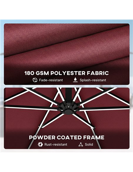 Outsunny 3 m Garden Cantilever Parasol with LED Solar Light, Round Overhanging Umbrella with 360° Rotation, Cover, Wine Red - pic 188229 | FastDaddyshop