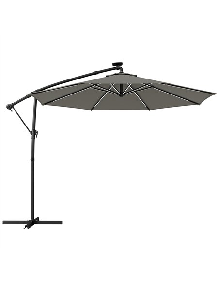 Outsunny 3 m Garden Cantilever Parasol with LED Solar Light, Round Overhanging Umbrella with 360° Rotation, Cover, Grey - pic 188230 | FastDaddyshop