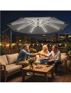 Outsunny 3 m Garden Cantilever Parasol with LED Solar Light, Round Overhanging Umbrella with 360° Rotation, Cover, Grey 2