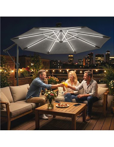 Outsunny 3 m Garden Cantilever Parasol with LED Solar Light, Round Overhanging Umbrella with 360° Rotation, Cover, Grey