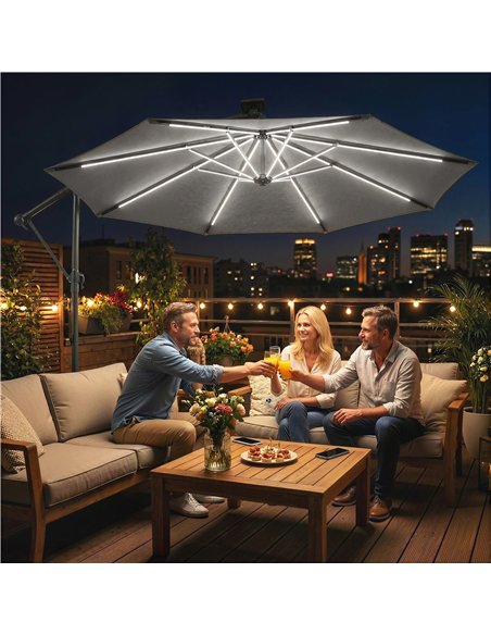 Outsunny 3 m Garden Cantilever Parasol with LED Solar Light, Round Overhanging Umbrella with 360° Rotation, Cover, Grey - pic 188231 | FastDaddyshop