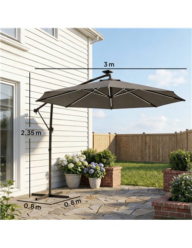 Outsunny 3 m Garden Cantilever Parasol with LED Solar Light, Round Overhanging Umbrella with 360° Rotation, Cover, Grey