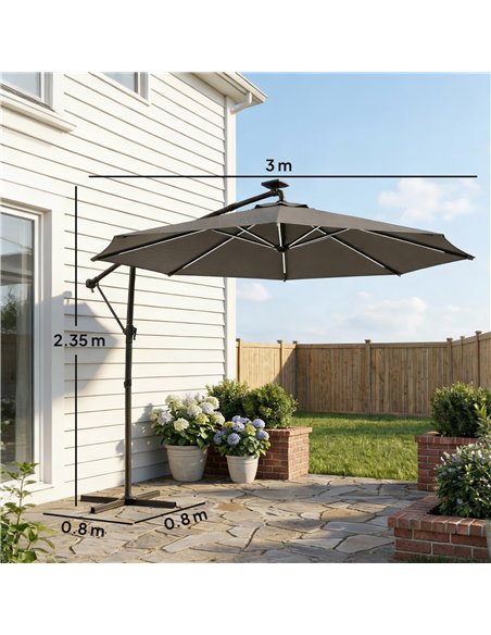 Outsunny 3 m Garden Cantilever Parasol with LED Solar Light, Round Overhanging Umbrella with 360° Rotation, Cover, Grey - pic 188232 | FastDaddyshop