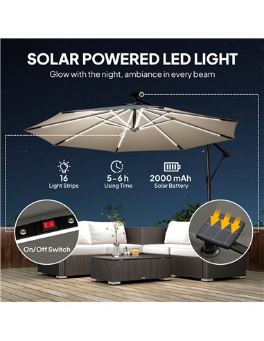 Outsunny 3 m Garden Cantilever Parasol with LED Solar Light, Round Overhanging Umbrella with 360° Rotation, Cover, Grey