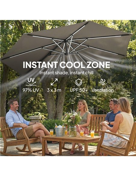 Outsunny 3 m Garden Cantilever Parasol with LED Solar Light, Round Overhanging Umbrella with 360° Rotation, Cover, Grey - pic 188234 | FastDaddyshop