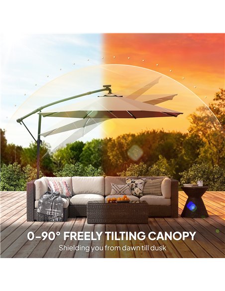 Outsunny 3 m Garden Cantilever Parasol with LED Solar Light, Round Overhanging Umbrella with 360° Rotation, Cover, Grey - pic 188235 | FastDaddyshop