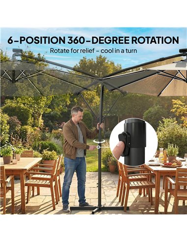 Outsunny 3 m Garden Cantilever Parasol with LED Solar Light, Round Overhanging Umbrella with 360° Rotation, Cover, Grey