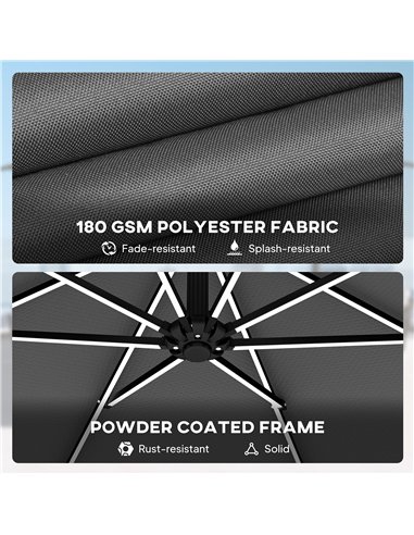 Outsunny 3 m Garden Cantilever Parasol with LED Solar Light, Round Overhanging Umbrella with 360° Rotation, Cover, Grey