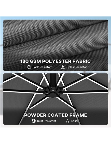 Outsunny 3 m Garden Cantilever Parasol with LED Solar Light, Round Overhanging Umbrella with 360° Rotation, Cover, Grey - pic 188238 | FastDaddyshop