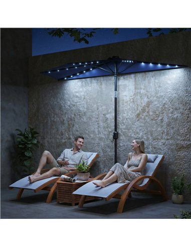 Outsunny 2.6 m Half Garden Parasol with Solar LED Lights, UPF50+ Semi Round Umbrella with 30° Tilt, Crank Handle, Dark Blue