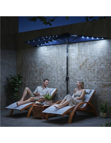 Outsunny 2.6 m Half Garden Parasol with Solar LED Lights, UPF50+ Semi Round Umbrella with 30° Tilt, Crank Handle, Dark Blue - pic 188240 | FastDaddyshop