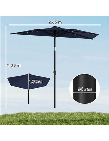 Outsunny 2.6 m Half Garden Parasol with Solar LED Lights, UPF50+ Semi Round Umbrella with 30° Tilt, Crank Handle, Dark Blue