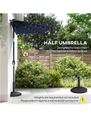 Outsunny 2.6 m Half Garden Parasol with Solar LED Lights, UPF50+ Semi Round Umbrella with 30° Tilt, Crank Handle, Dark Blue