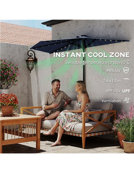 Outsunny 2.6 m Half Garden Parasol with Solar LED Lights, UPF50+ Semi Round Umbrella with 30° Tilt, Crank Handle, Dark Blue - pic 188244 | FastDaddyshop