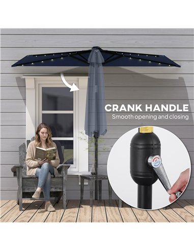 Outsunny 2.6 m Half Garden Parasol with Solar LED Lights, UPF50+ Semi Round Umbrella with 30° Tilt, Crank Handle, Dark Blue