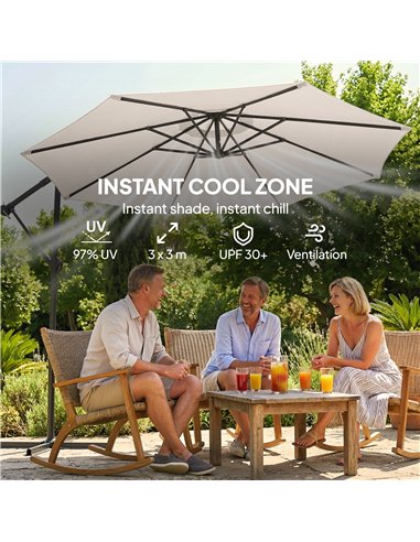 Outsunny 3 m Garden Cantilever Parasol with Cover, Round Overhanging Umbrella with 360° Rotation, Tilt, Cream White
