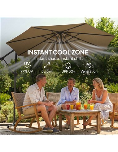 Outsunny 3 m Garden Cantilever Parasol with Cover, Round Overhanging Umbrella with 360° Rotation, Tilt, Khaki