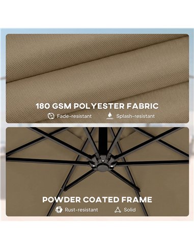 Outsunny 3 m Garden Cantilever Parasol with Cover, Round Overhanging Umbrella with 360° Rotation, Tilt, Khaki
