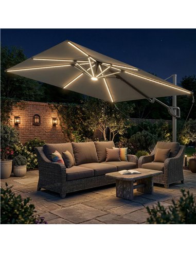 Outsunny 3 x 3 m Garden Cantilever Parasol w/ Light, Cover, UPF50+ Patio Umbrella w/ Wind Protection, 360° Rotation, Dark Grey