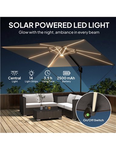 Outsunny 3 x 3 m Garden Cantilever Parasol w/ Light, Cover, UPF50+ Patio Umbrella w/ Wind Protection, 360° Rotation, Dark Grey