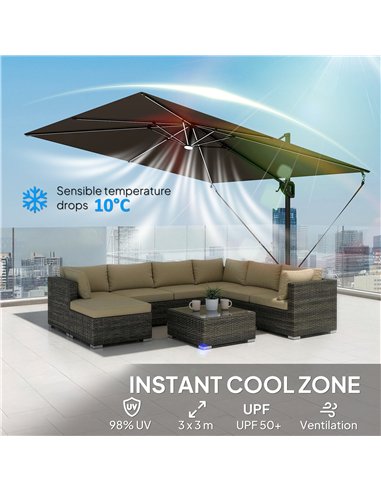 Outsunny 3 x 3 m Garden Cantilever Parasol w/ Light, Cover, UPF50+ Patio Umbrella w/ Wind Protection, 360° Rotation, Dark Grey