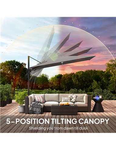 Outsunny 3 x 3 m Garden Cantilever Parasol w/ Light, Cover, UPF50+ Patio Umbrella w/ Wind Protection, 360° Rotation, Dark Grey