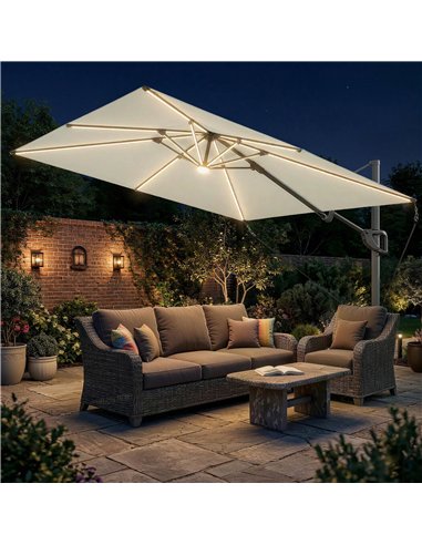 Outsunny 3 x 3 m Garden Cantilever Parasol w/ Light, Cover, UPF50+ Patio Umbrella w/ Wind Protection, 360° Rotation, Cream White