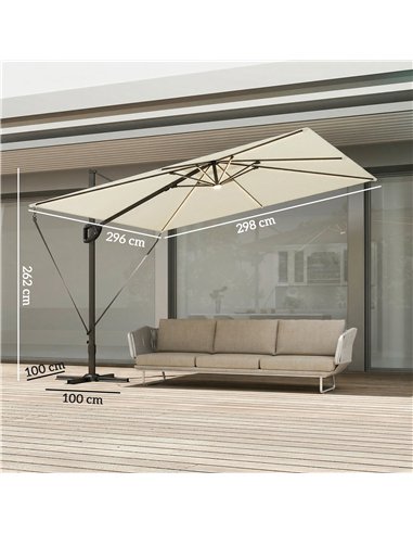 Outsunny 3 x 3 m Garden Cantilever Parasol w/ Light, Cover, UPF50+ Patio Umbrella w/ Wind Protection, 360° Rotation, Cream White