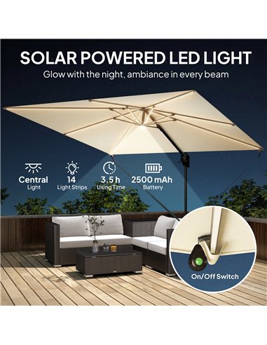 Outsunny 3 x 3 m Garden Cantilever Parasol w/ Light, Cover, UPF50+ Patio Umbrella w/ Wind Protection, 360° Rotation, Cream White