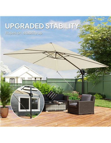 Outsunny 3 x 3 m Garden Cantilever Parasol w/ Light, Cover, UPF50+ Patio Umbrella w/ Wind Protection, 360° Rotation, Cream White