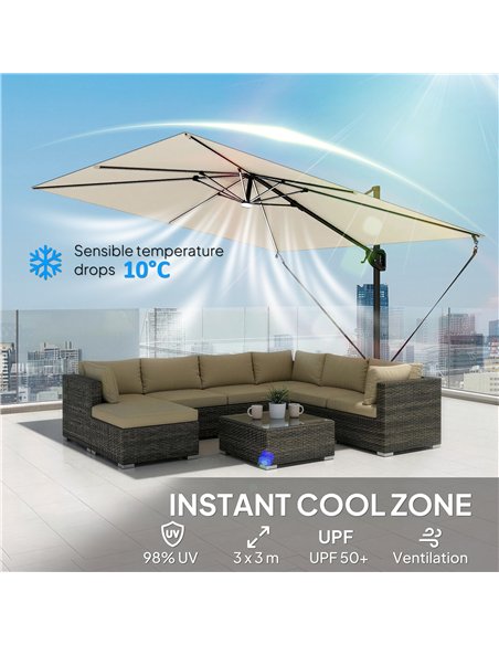 Outsunny 3 x 3 m Garden Cantilever Parasol w/ Light, Cover, UPF50+ Patio Umbrella w/ Wind Protection, 360° Rotation, Cream White - pic 188290 | FastDaddyshop