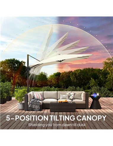 Outsunny 3 x 3 m Garden Cantilever Parasol w/ Light, Cover, UPF50+ Patio Umbrella w/ Wind Protection, 360° Rotation, Cream White