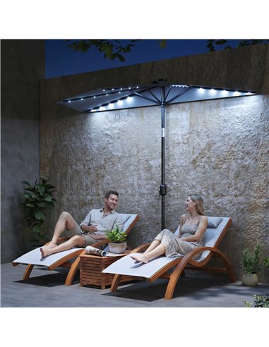 Outsunny 2.6 m Half Garden Parasol with Solar LED Lights, UPF50+ Semi Round Umbrella with 30° Tilt, Crank Handle, Dark Grey