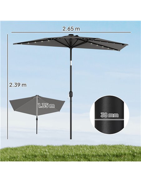 Outsunny 2.6 m Half Garden Parasol with Solar LED Lights, UPF50+ Semi Round Umbrella with 30° Tilt, Crank Handle, Dark Grey - pic 188295 | FastDaddyshop