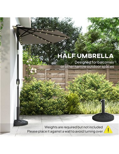 Outsunny 2.6 m Half Garden Parasol with Solar LED Lights, UPF50+ Semi Round Umbrella with 30° Tilt, Crank Handle, Dark Grey