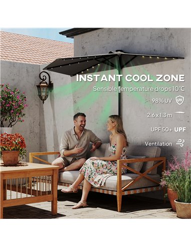 Outsunny 2.6 m Half Garden Parasol with Solar LED Lights, UPF50+ Semi Round Umbrella with 30° Tilt, Crank Handle, Dark Grey