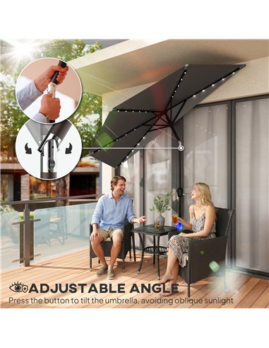 Outsunny 2.6 m Half Garden Parasol with Solar LED Lights, UPF50+ Semi Round Umbrella with 30° Tilt, Crank Handle, Dark Grey