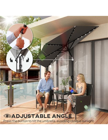 Outsunny 2.6 m Half Garden Parasol with Solar LED Lights, UPF50+ Semi Round Umbrella with 30° Tilt, Crank Handle, Dark Grey - pic 188300 | FastDaddyshop