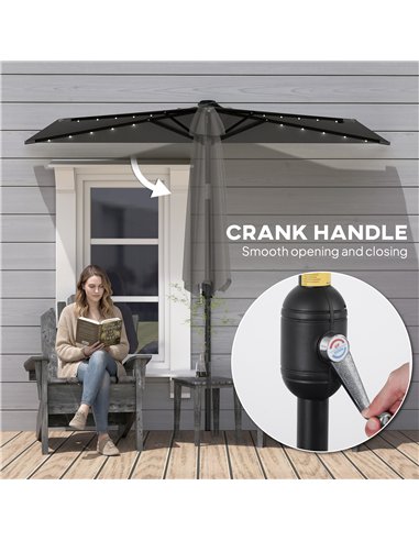 Outsunny 2.6 m Half Garden Parasol with Solar LED Lights, UPF50+ Semi Round Umbrella with 30° Tilt, Crank Handle, Dark Grey