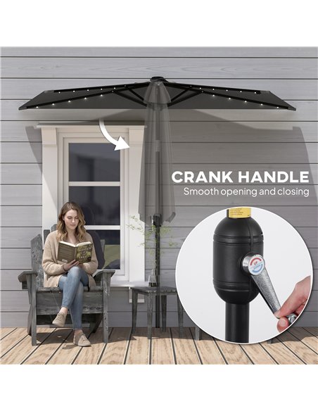 Outsunny 2.6 m Half Garden Parasol with Solar LED Lights, UPF50+ Semi Round Umbrella with 30° Tilt, Crank Handle, Dark Grey - pic 188301 | FastDaddyshop