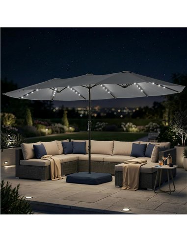 Outsunny Patio Umbrella Double-Sided Outdoor Umbrella with Solar Lights Base, Grey