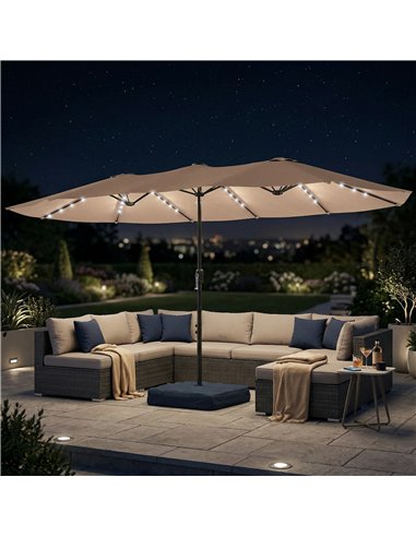 Outsunny Patio Umbrella Double-Sided Outdoor Umbrella with Solar Lights Base, Khaki