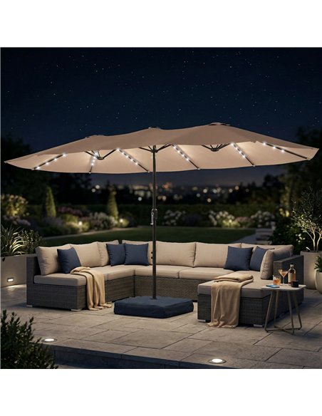 Outsunny Patio Umbrella Double-Sided Outdoor Umbrella with Solar Lights Base, Khaki - pic 188312 | FastDaddyshop